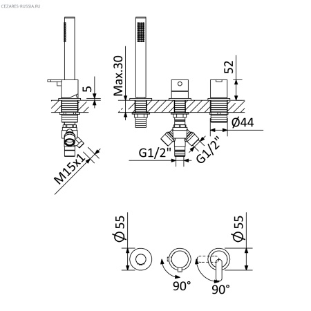 Смеситель на борт ванны CEZARES LEAF-BVDM3-L-01