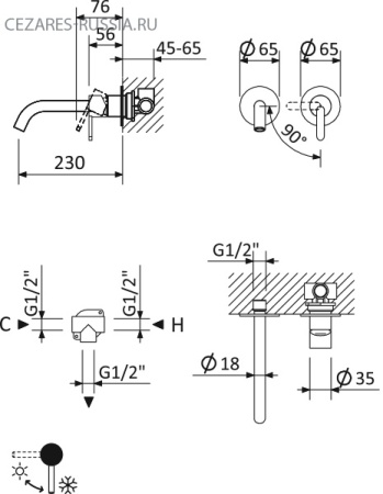 Смеситель для раковины встраиваемый CEZARES LEAF-BLI2-L-ST